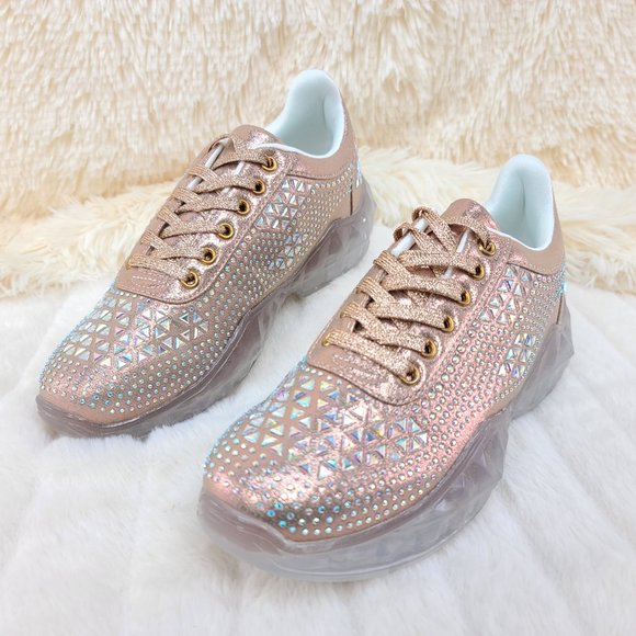 NWT Size 8/8.5 Iridescent Rhinestone and beaded Lace Up Sneakers - Picture 3 of 13